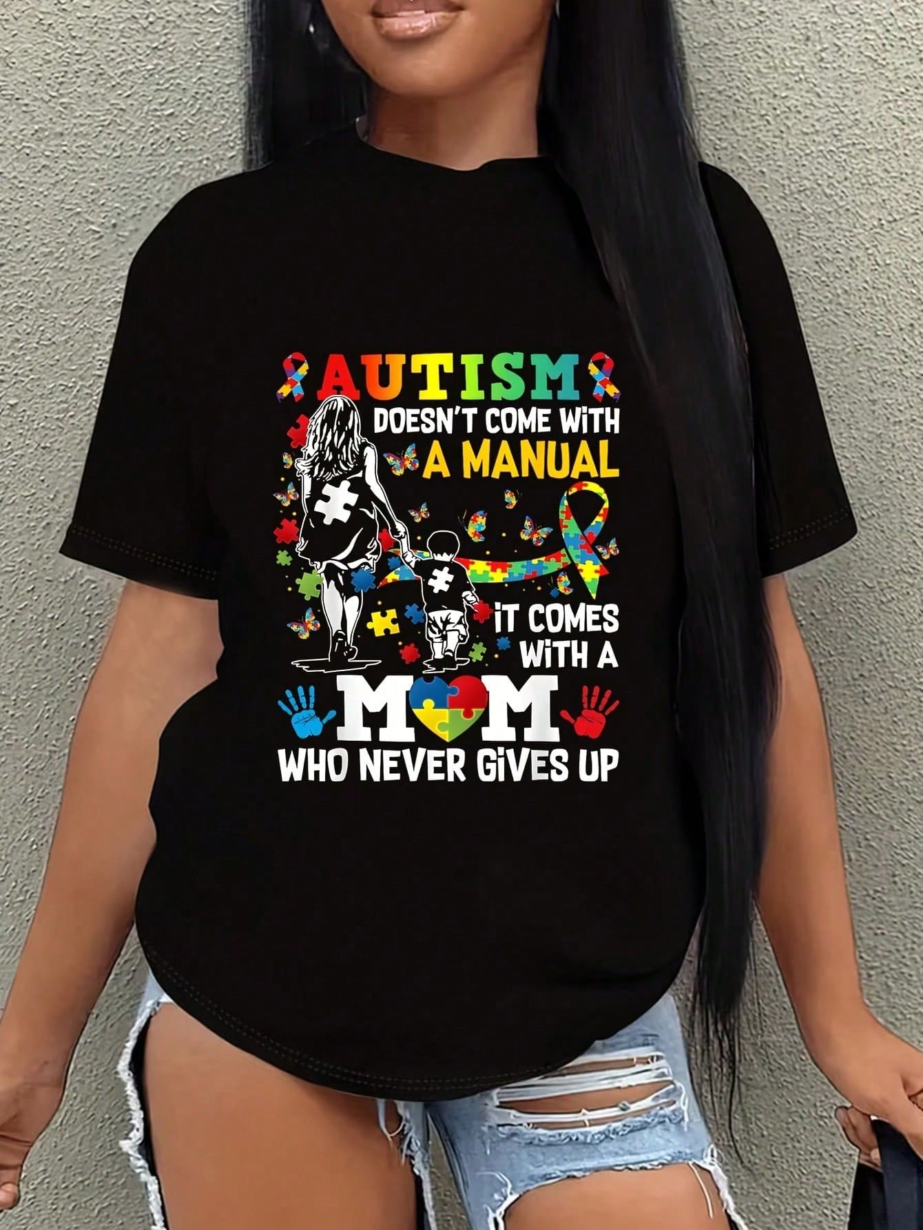 Doesnt Come With A Manual Graphic Crew Neck Tee Autism Mom Short Sleeve Top