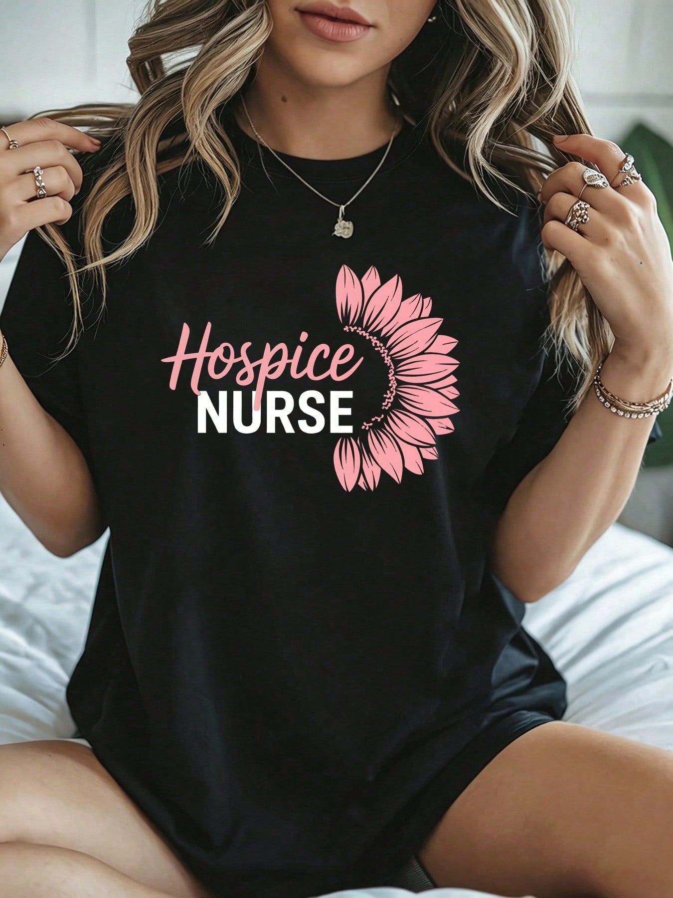 Boho Nurse Graphic Crew Neck Tee Hospice Sunflower Summer Short Sleeve Top