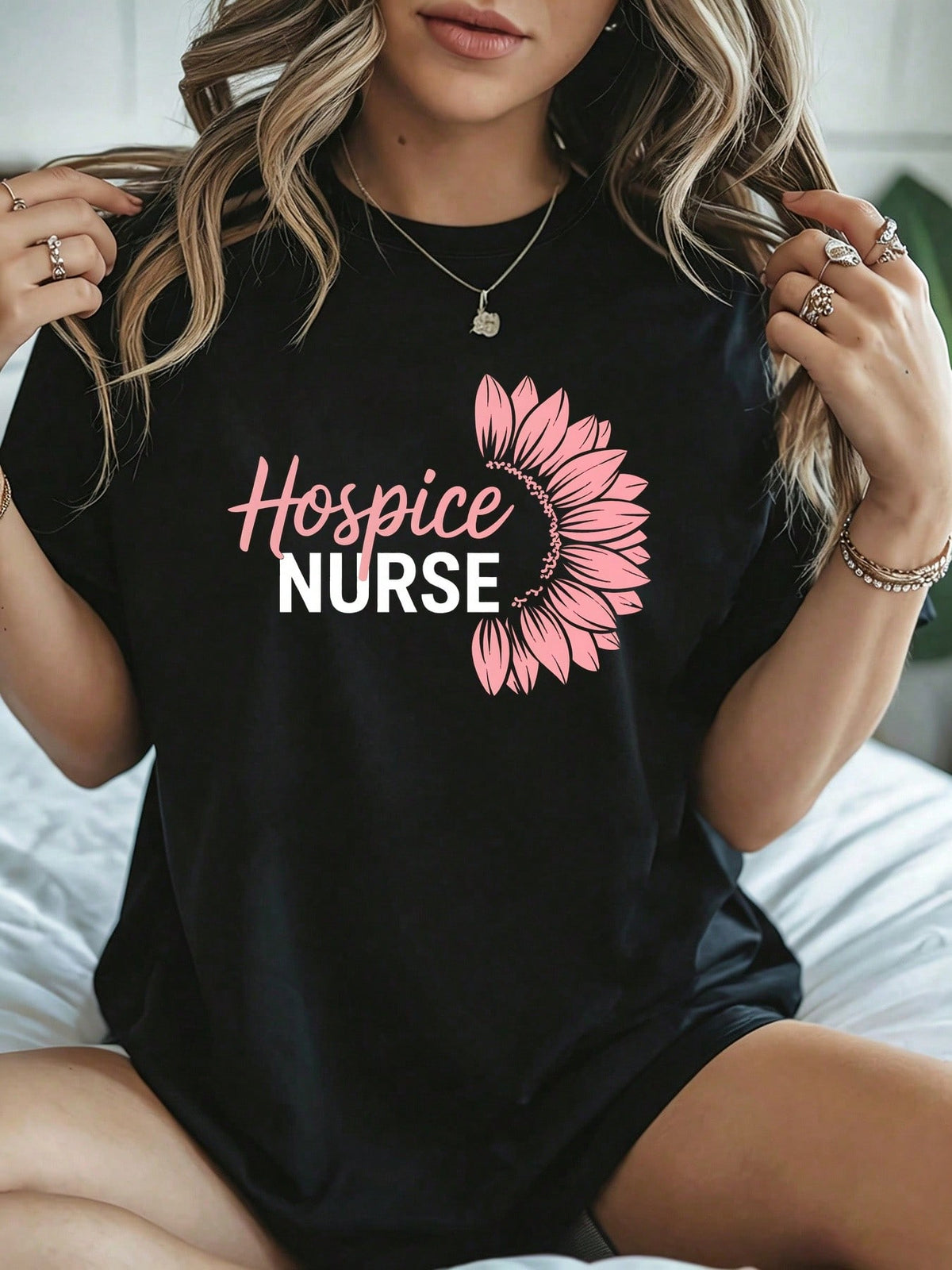 Boho Nurse Graphic Crew Neck Tee Hospice Sunflower Summer Short Sleeve Top