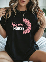 Boho Nurse Graphic Crew Neck Tee Hospice Sunflower Summer Short Sleeve Top