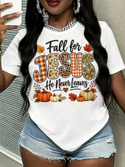 Women's Fall for Jesus He Never Leaves Shirt Christian Fall Pumpkin Leopard Plaid Faith Graphic Tee