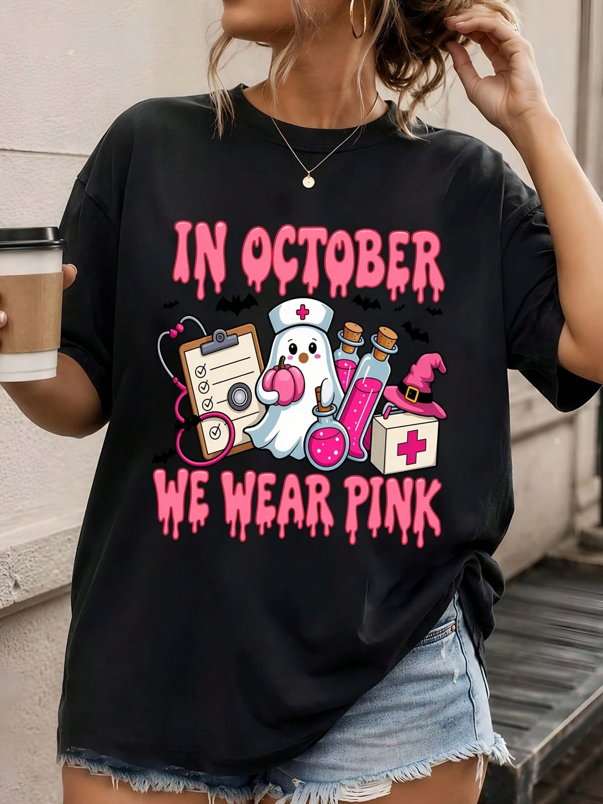 In October We Wear Pink Nurse Ghost Halloween T-Shirt for Women