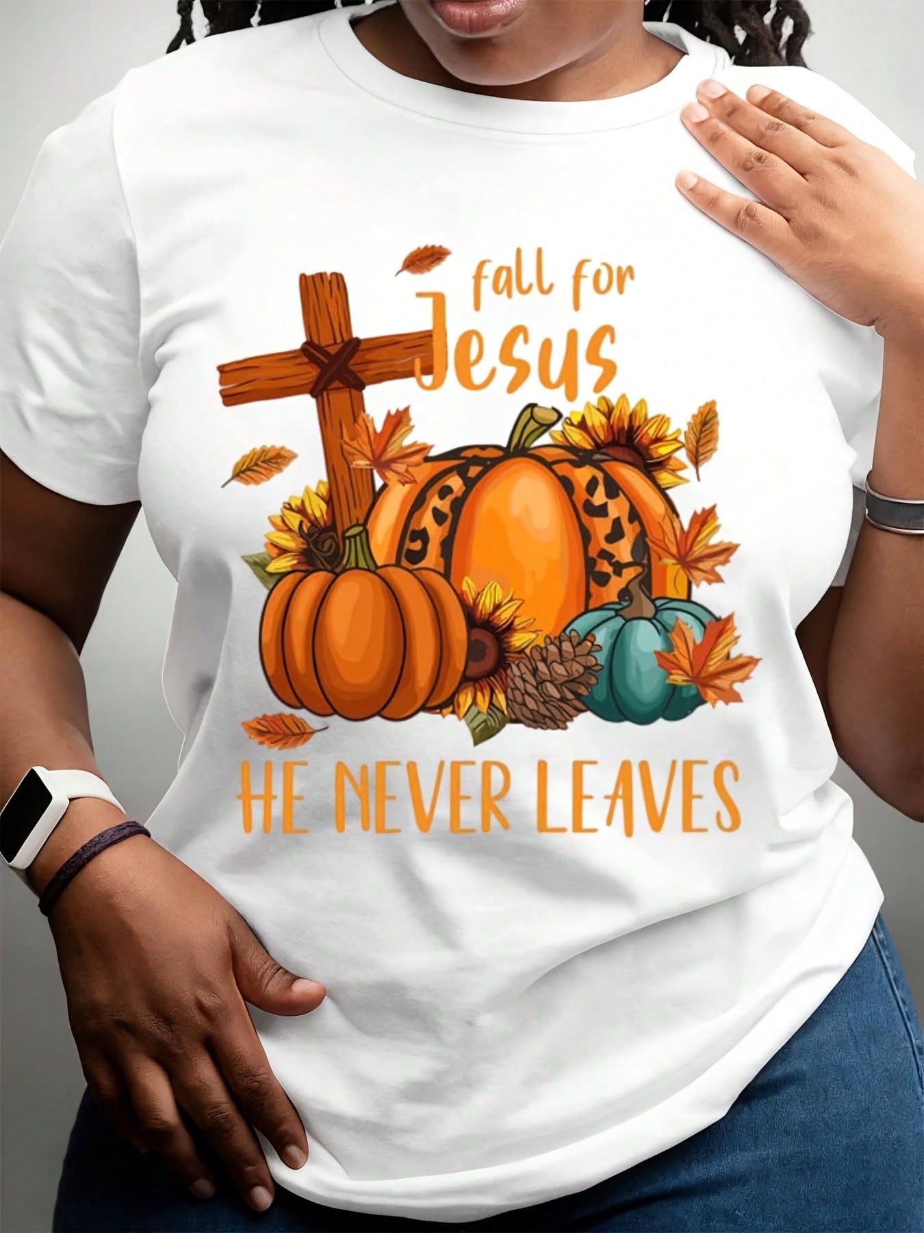 Fall For Jesus He Never Leaves T Shirt Women Autumn Pumpkin Sunflower Cross Graphic T Shirt