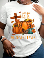 Fall For Jesus He Never Leaves T Shirt Women Autumn Pumpkin Sunflower Cross Graphic T Shirt