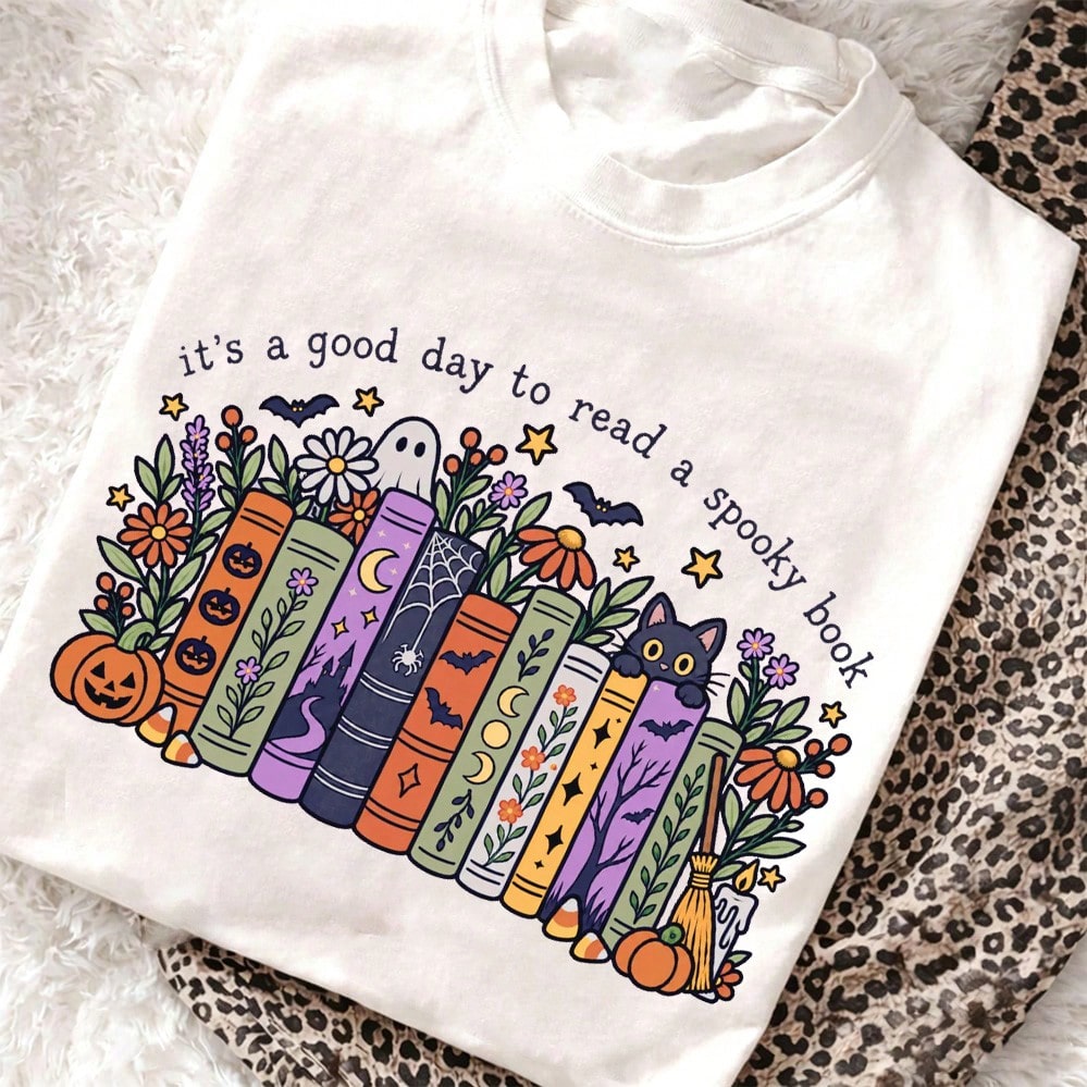 Women's It's A Good Day To Read A Spooky Book Graphic T-Shirt, Casual Short Sleeve Book Lover Halloween Tee