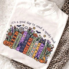 Women's It's A Good Day To Read A Spooky Book Graphic T-Shirt, Casual Short Sleeve Book Lover Halloween Tee