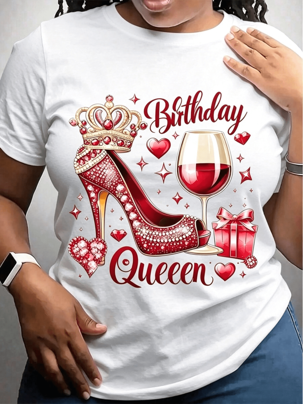 Birthday Queen Red High Heels Crown Wine Glass Print Short Sleeve Tee Top