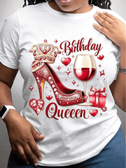 Birthday Queen Red High Heels Crown Wine Glass Print Short Sleeve Tee Top