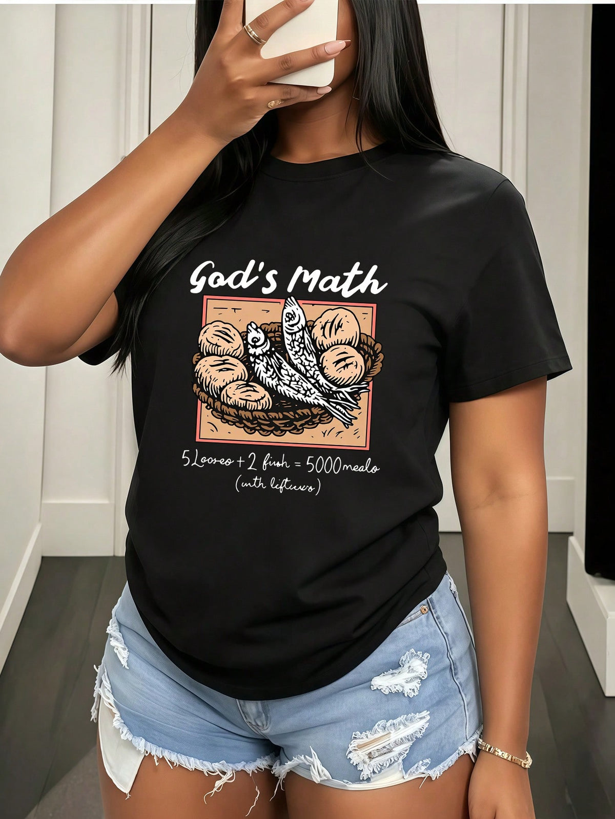 Fish Loaves Print Tee Black Lightweight Crew Neck Summer Basic Top