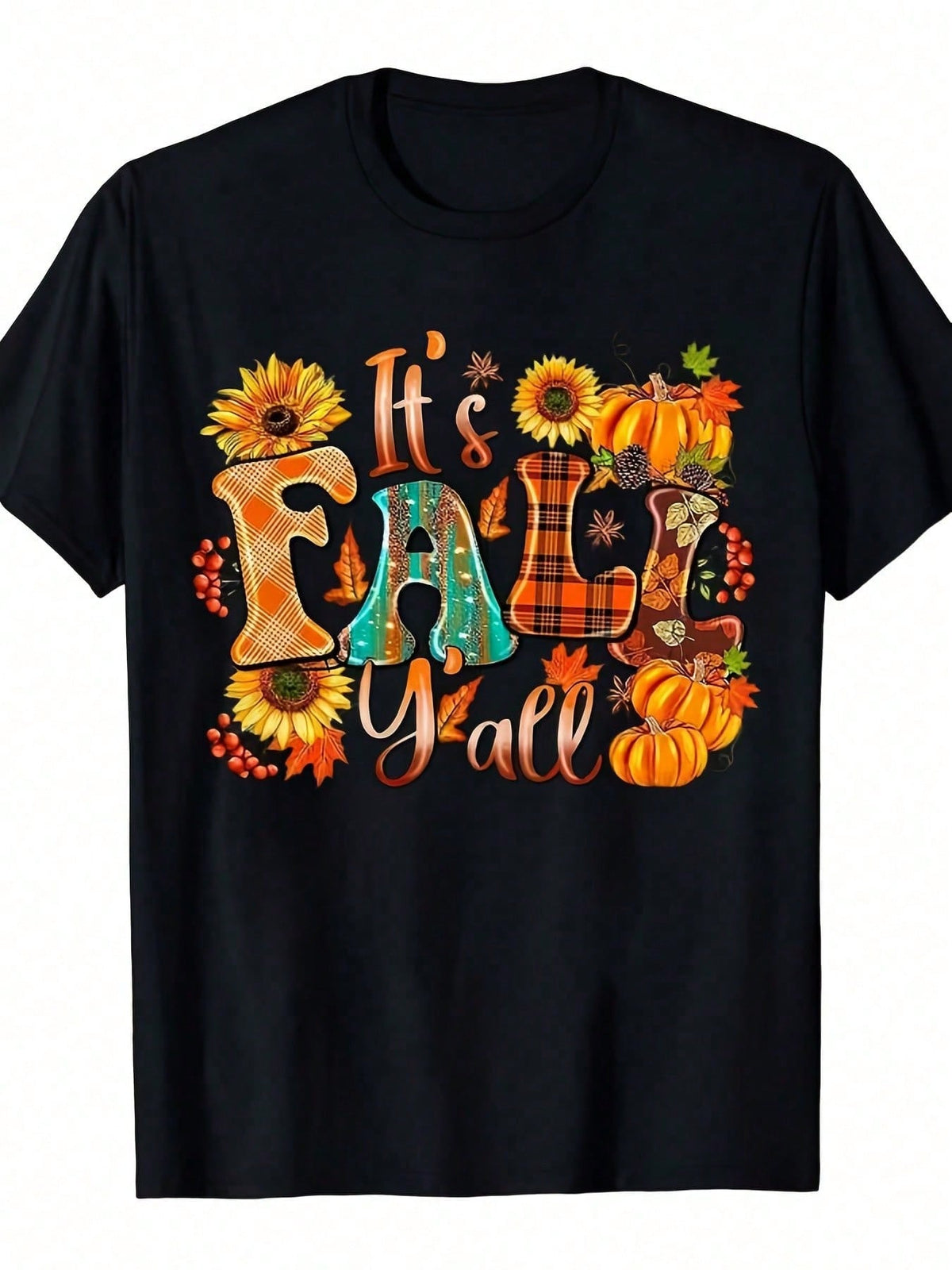 Women's It's Fall Y'all Graphic T-Shirt, Sunflower Pumpkin Maple Leaf Pinecone Plaid Letter Short Sleeve Tee, Autumn Harvest Casual Top