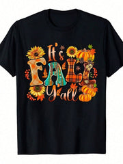 Women's It's Fall Y'all Graphic T-Shirt, Sunflower Pumpkin Maple Leaf Pinecone Plaid Letter Short Sleeve Tee, Autumn Harvest Casual Top