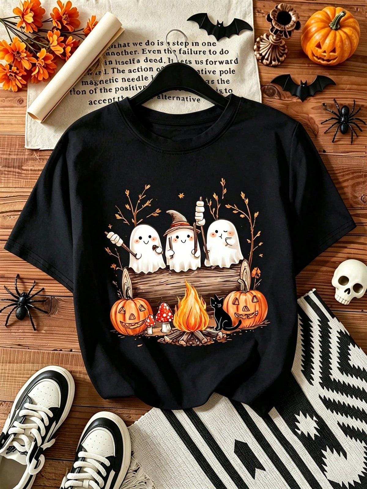 Women Cute Ghost Campfire Pumpkin Halloween Graphic T-Shirt, Fall Spooky Season Casual Short Sleeve Tee