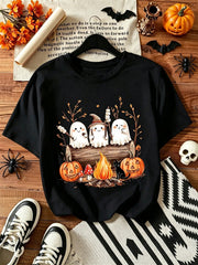 Women Cute Ghost Campfire Pumpkin Halloween Graphic T-Shirt, Fall Spooky Season Casual Short Sleeve Tee