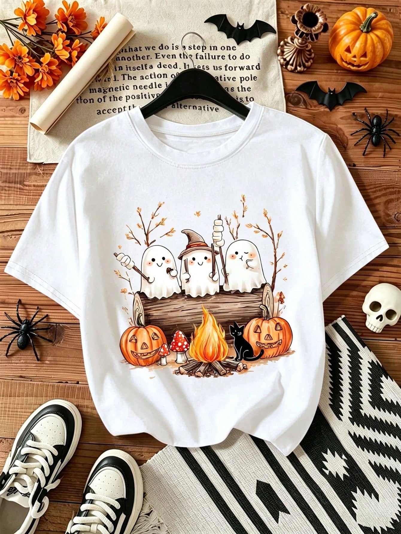 Women Cute Ghost Campfire Pumpkin Halloween Graphic T-Shirt, Fall Spooky Season Casual Short Sleeve Tee