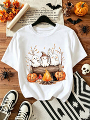 Women Cute Ghost Campfire Pumpkin Halloween Graphic T-Shirt, Fall Spooky Season Casual Short Sleeve Tee