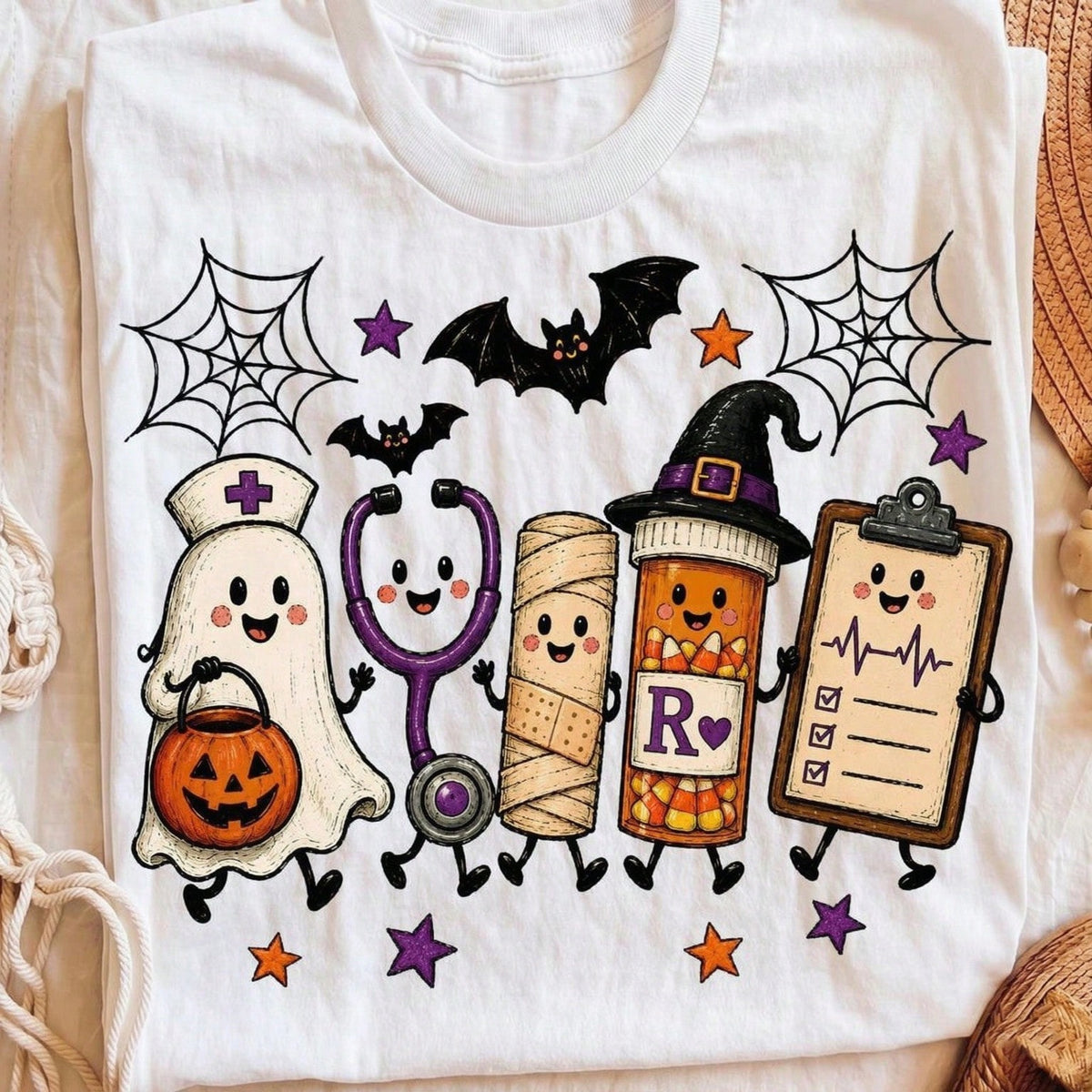 Women Nurse Halloween Cute Ghost Stethoscope Pill Bottle Medical Squad Graphic Print White Short Sleeve Crewneck T-Shirt Party Fall Tops