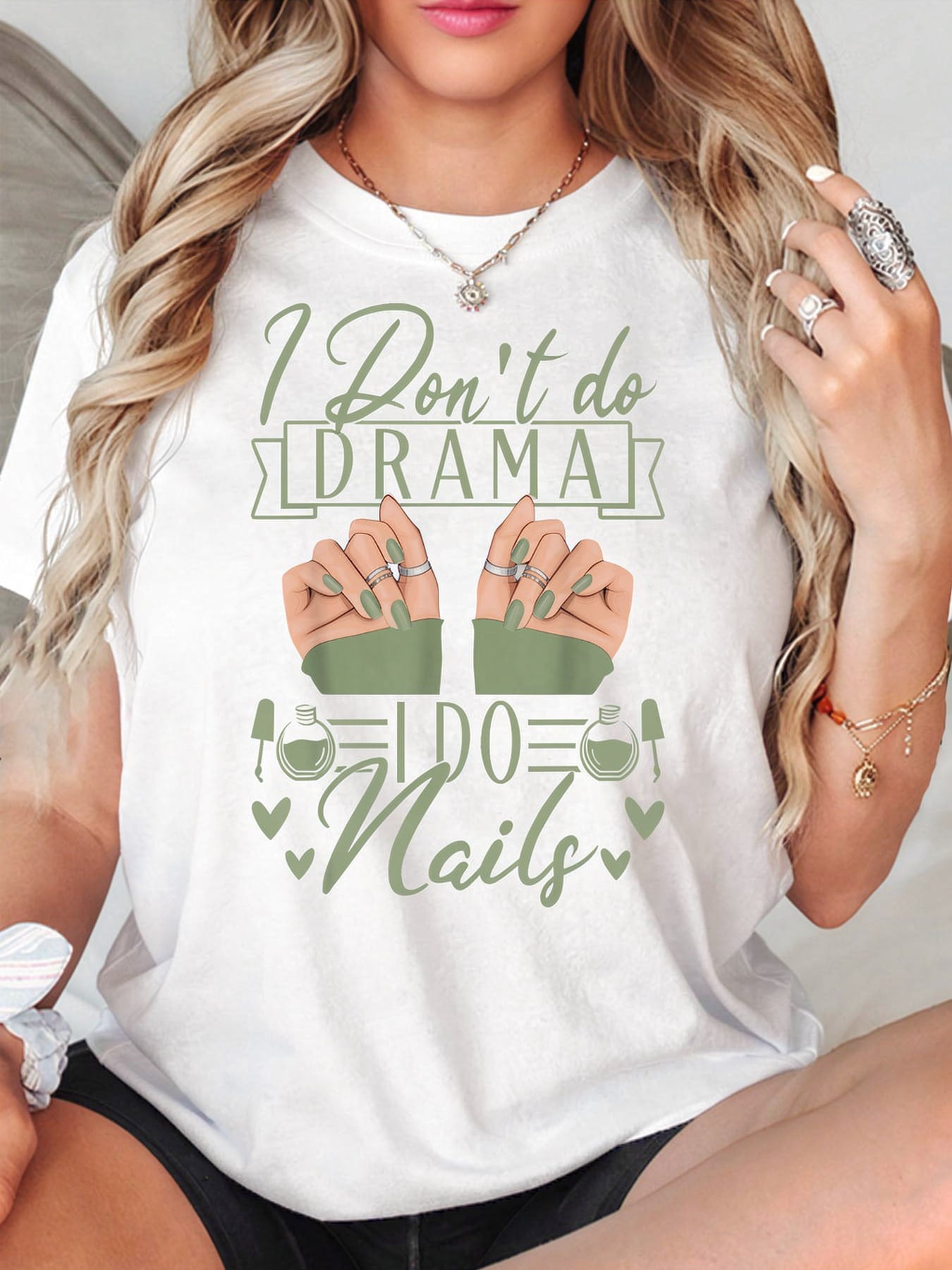 I Dont Do Drama I Do Nails Print Loose Short Sleeve Tee Crew Neck Top