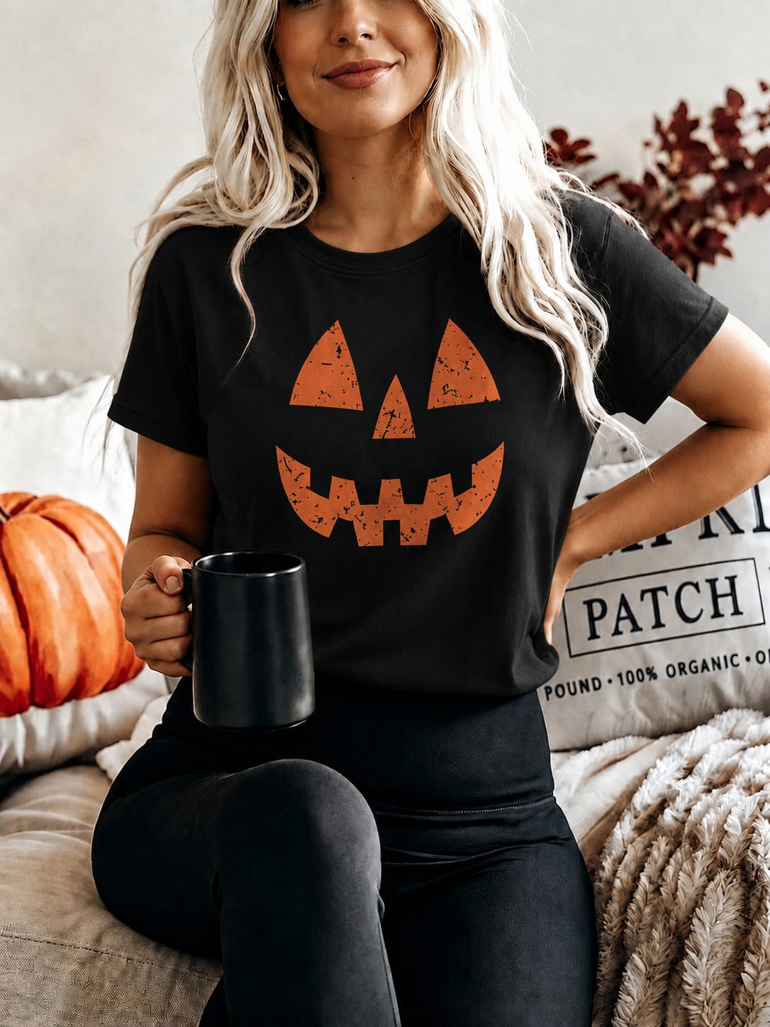 Women's Halloween Pumpkin Print Casual T-Shirt Short Sleeve Round Neck Cotton Tee For Fall Partie
