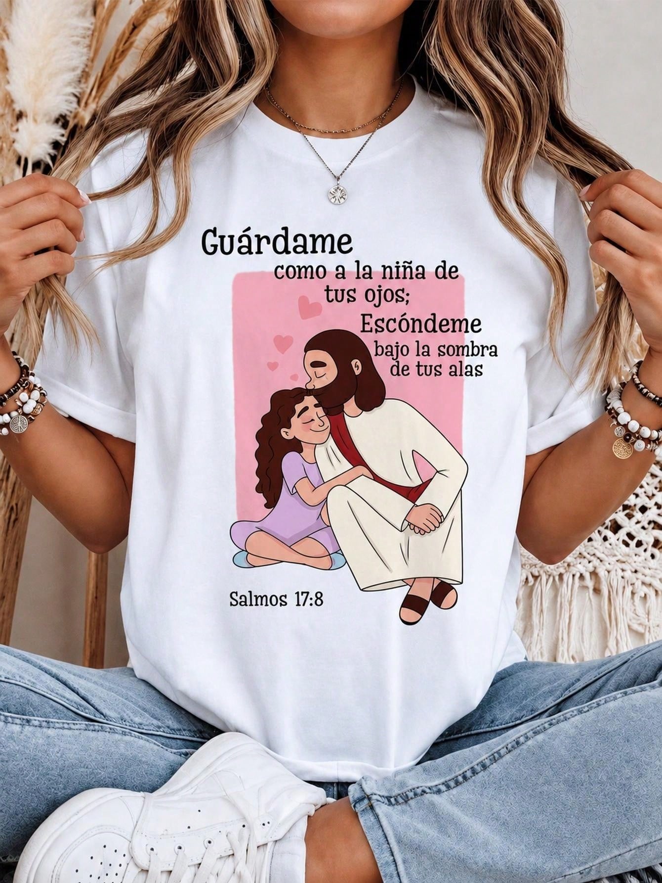 Cartoon Jesus Graphic Crew Neck Tee Spanish Verse Faith Cotton Short Sleeve Top