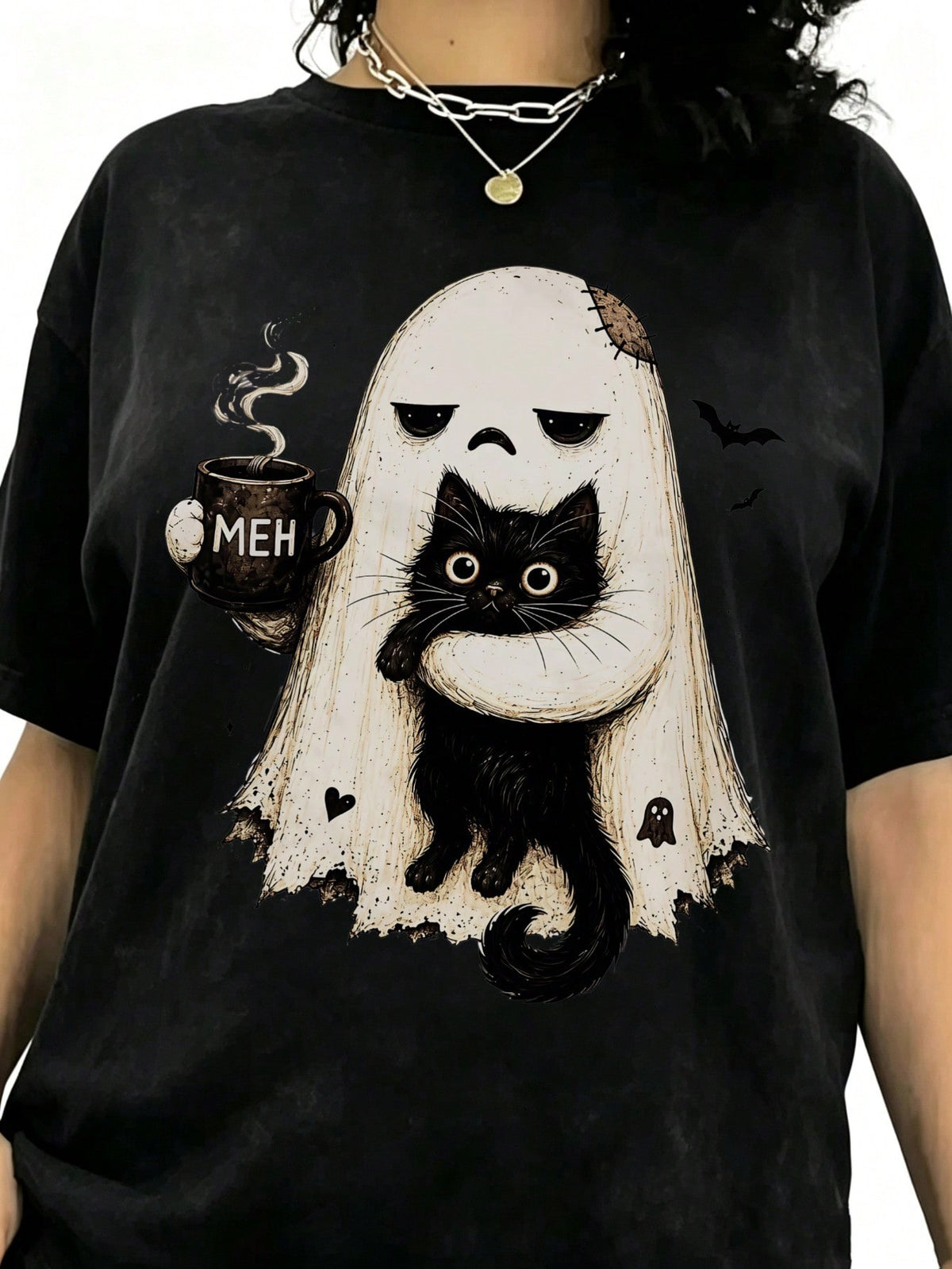 Unisex Funny Halloween Graphic Tee, Grumpy Ghost with Black Cat and Coffee Mug Retro Spooky Short Sleeve T-Shirt for Cat & Coffee Lovers