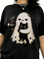 Unisex Funny Halloween Graphic Tee, Grumpy Ghost with Black Cat and Coffee Mug Retro Spooky Short Sleeve T-Shirt for Cat & Coffee Lovers