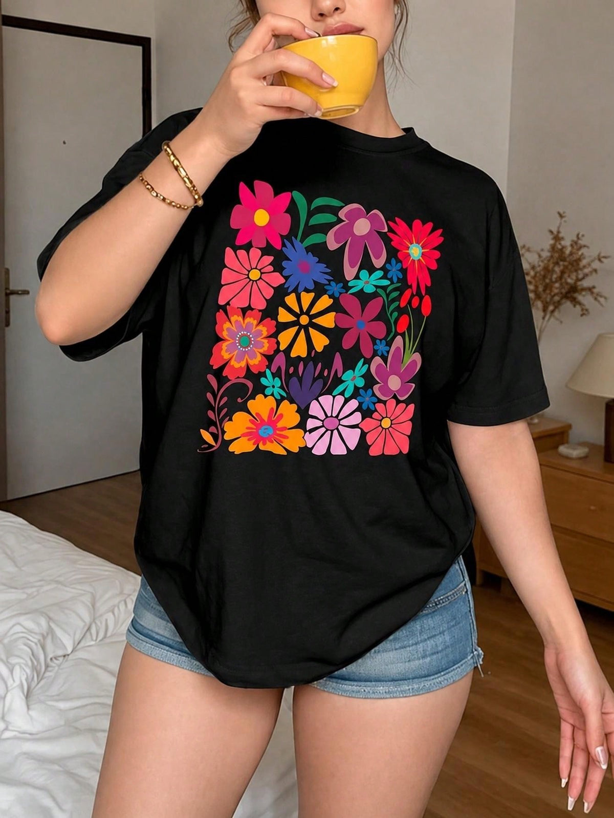 Colorful Folk Floral Graphic Crew Neck Tee Cotton Summer Casual Short Sleeve