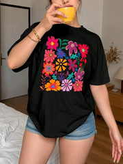 Colorful Folk Floral Graphic Crew Neck Tee Cotton Summer Casual Short Sleeve