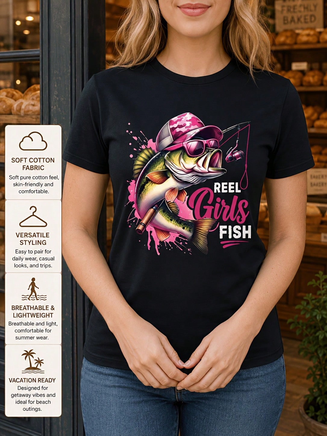 Reel Girls Fish Graphic Crew Neck Tee Beach Vacation Cotton Short Sleeve Top