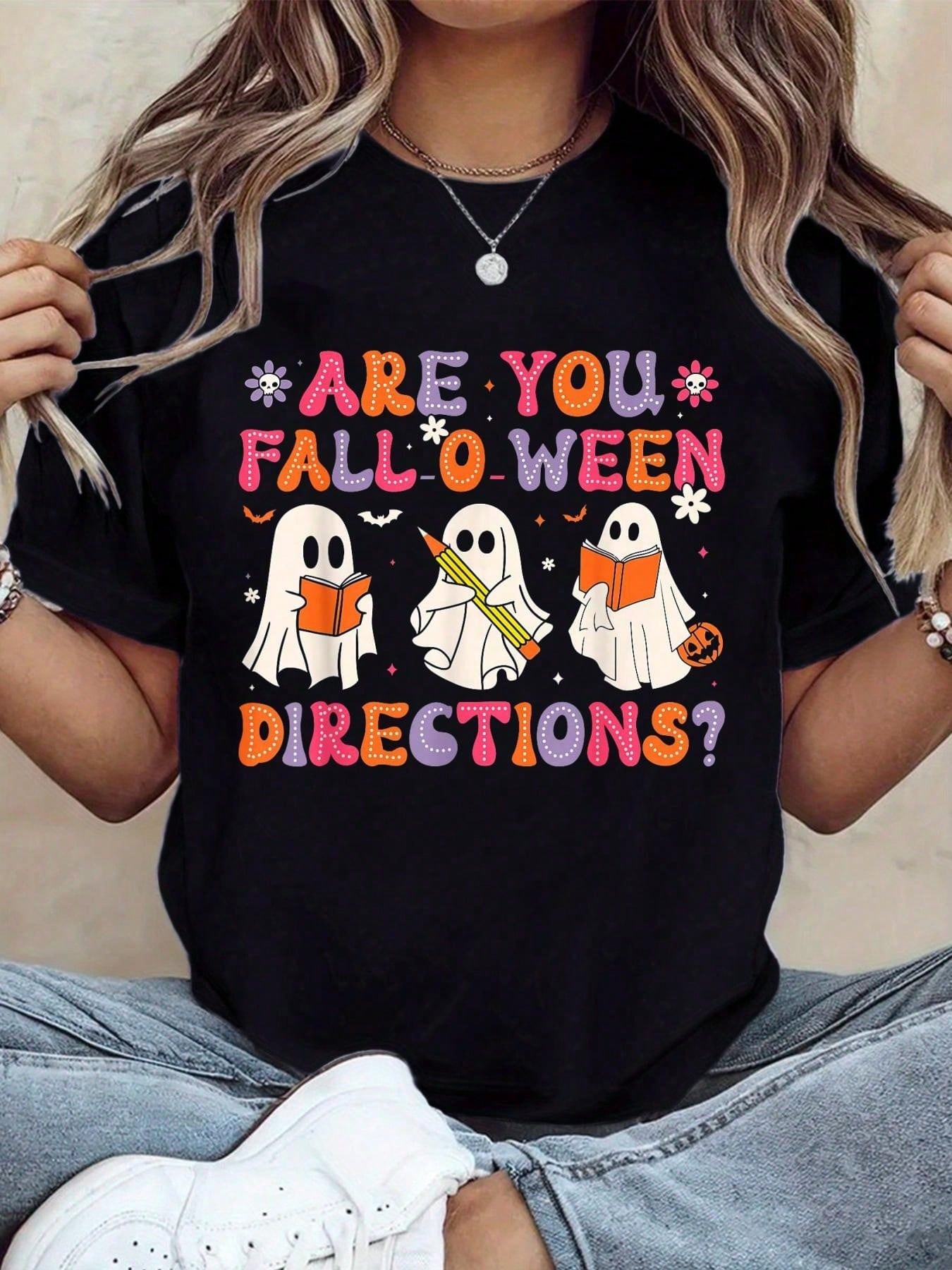 Women's Fall-O-Ween Graphic Tee, Cute Reading Ghost Book Pencil Bat Flower Are You Fall-O-Ween Directions Halloween Short Sleeve Casual Top