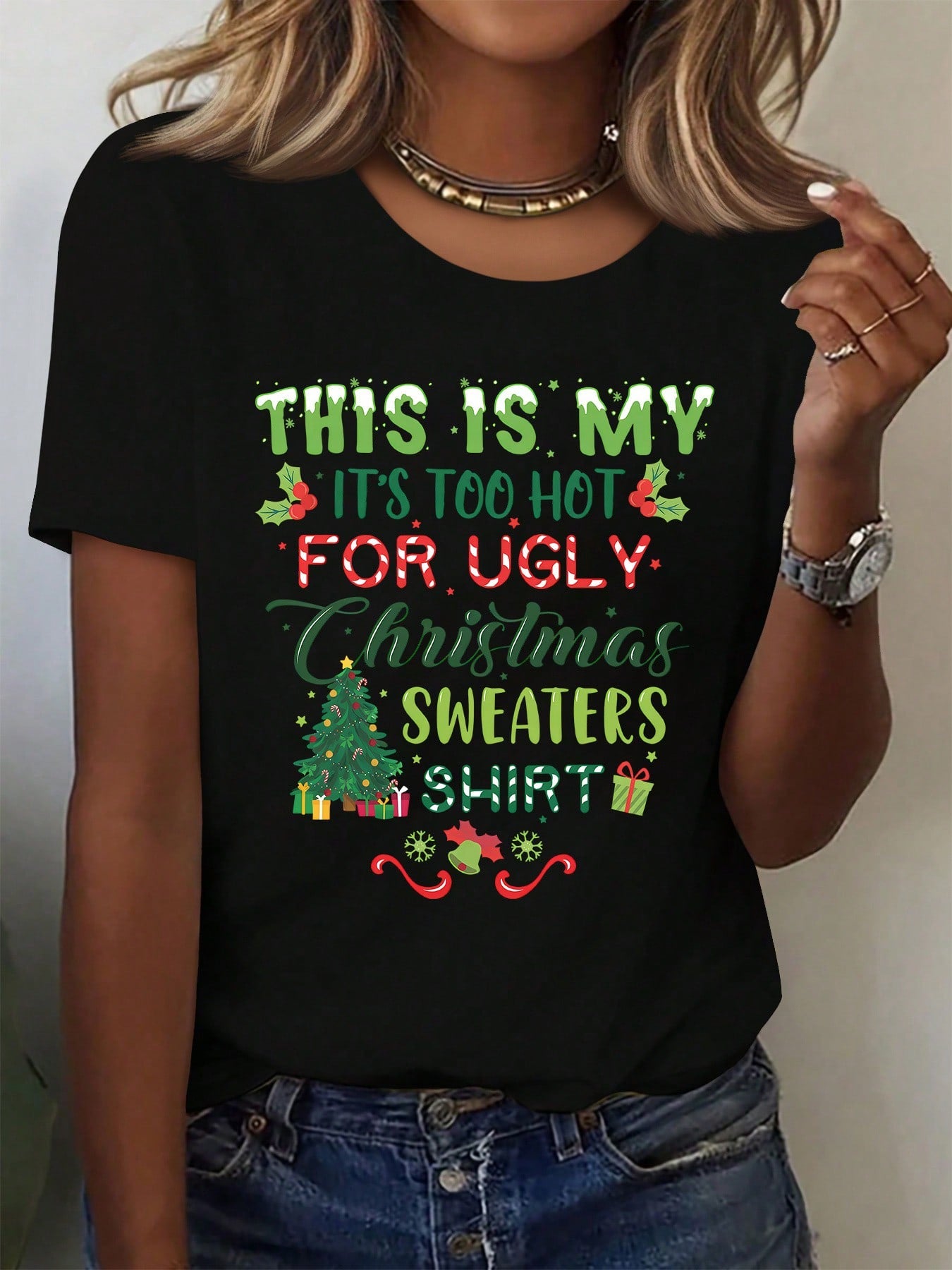 Too Hot Graphic Crew Neck Tee Christmas Tree Holly Funny Short Sleeve Top