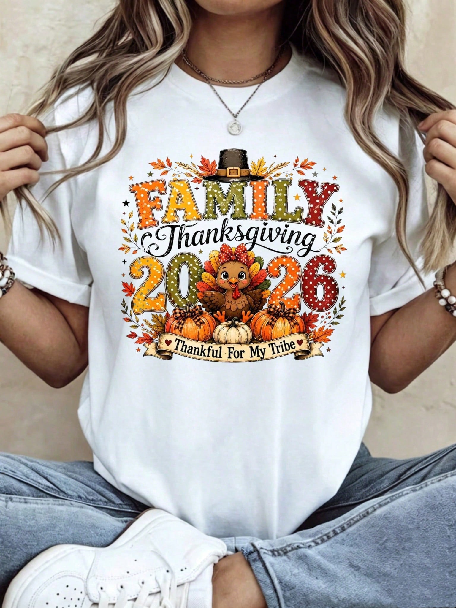Family Thanksgiving Shirt Thankful For My Tribe Cute Turkey Pumpkin Matching Family Graphic Tee
