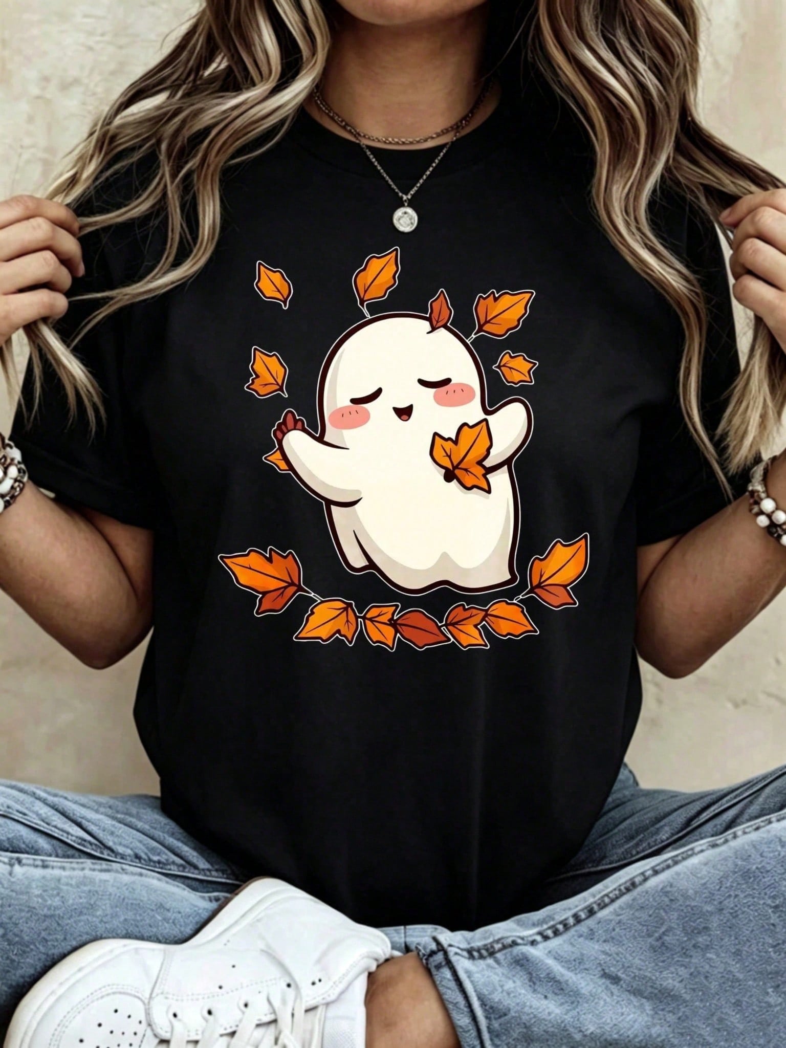 Cute Ghost With Autumn Leaves Women's T-Shirt