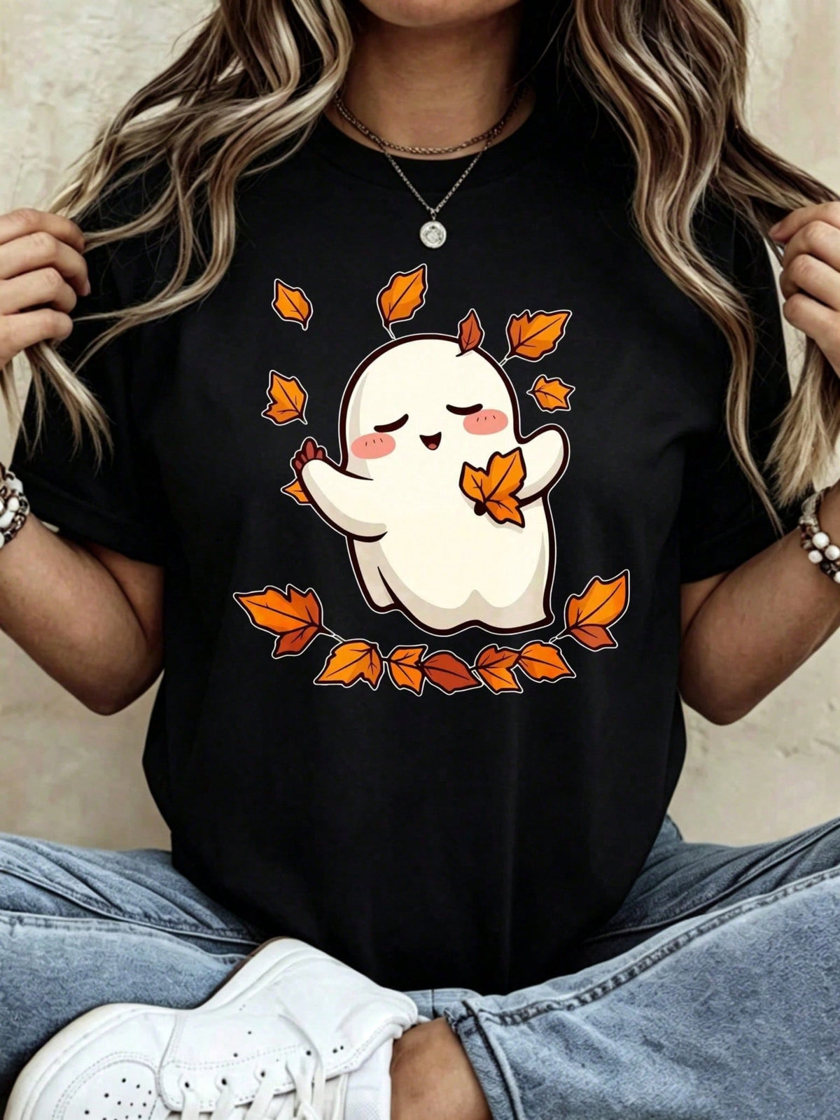 Cute Ghost With Autumn Leaves Women's T-Shirt