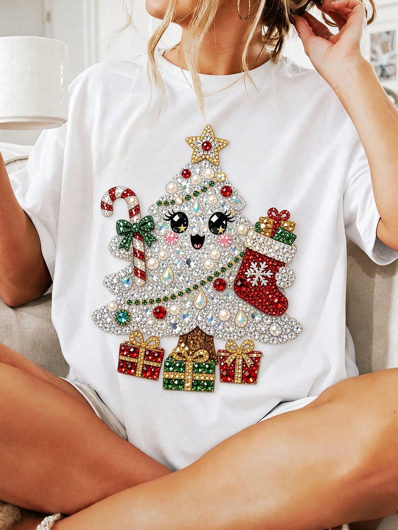 Women's Cute Rhinestone Style Christmas Graphic T-Shirt Holiday Crew Neck Cotton Tee