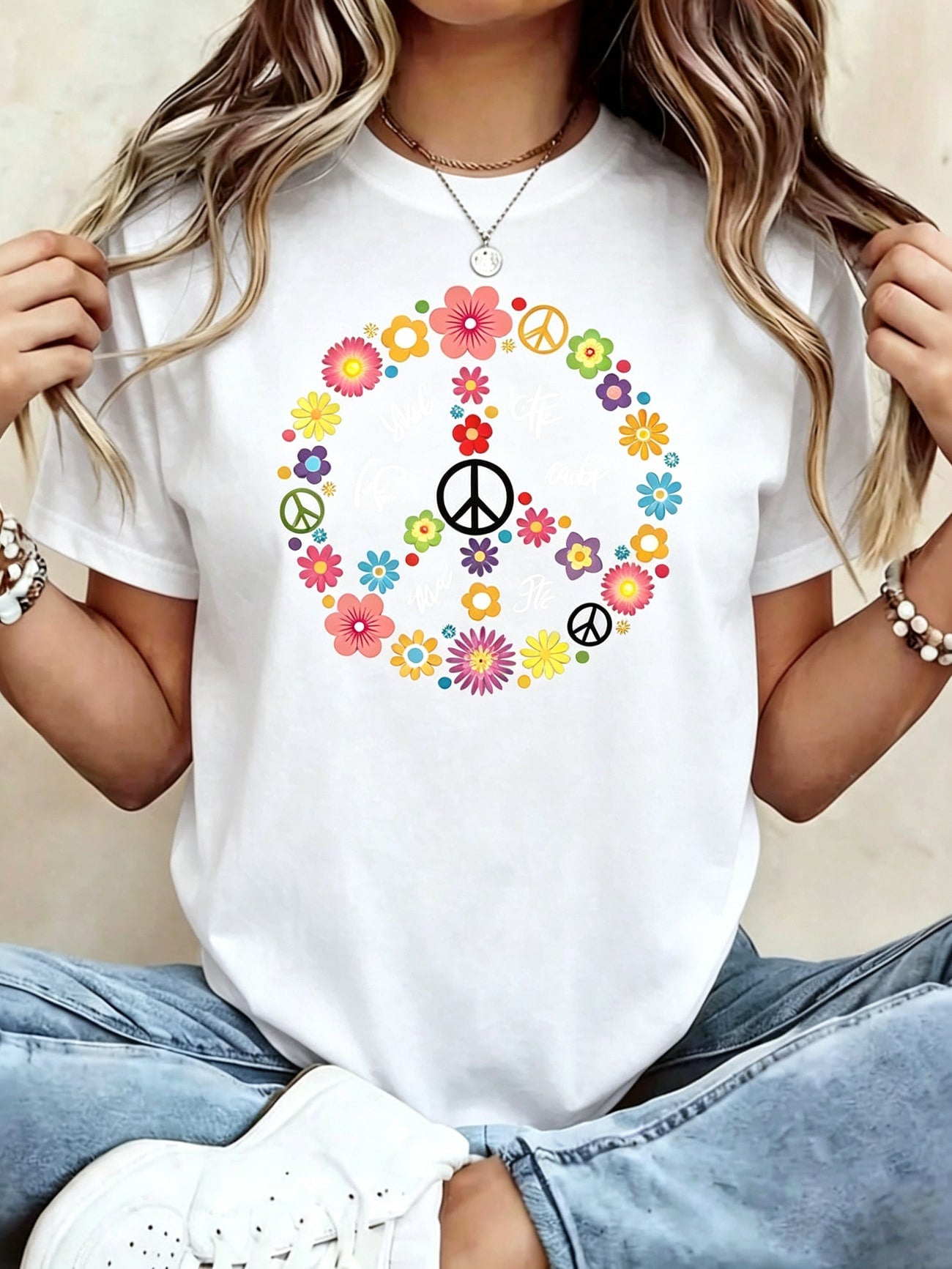 Peace Sign Flower Power Print Short Sleeve Tee Crew Neck Casual Top