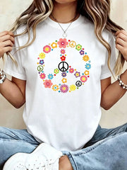 Peace Sign Flower Power Print Short Sleeve Tee Crew Neck Casual Top