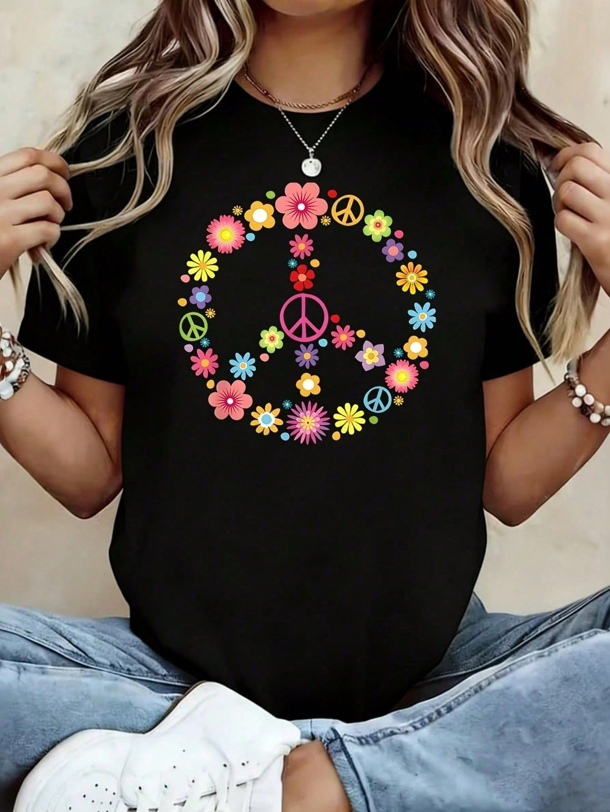 Peace Sign Flower Power Print Short Sleeve Tee Crew Neck Casual Top