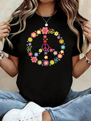 Peace Sign Flower Power Print Short Sleeve Tee Crew Neck Casual Top