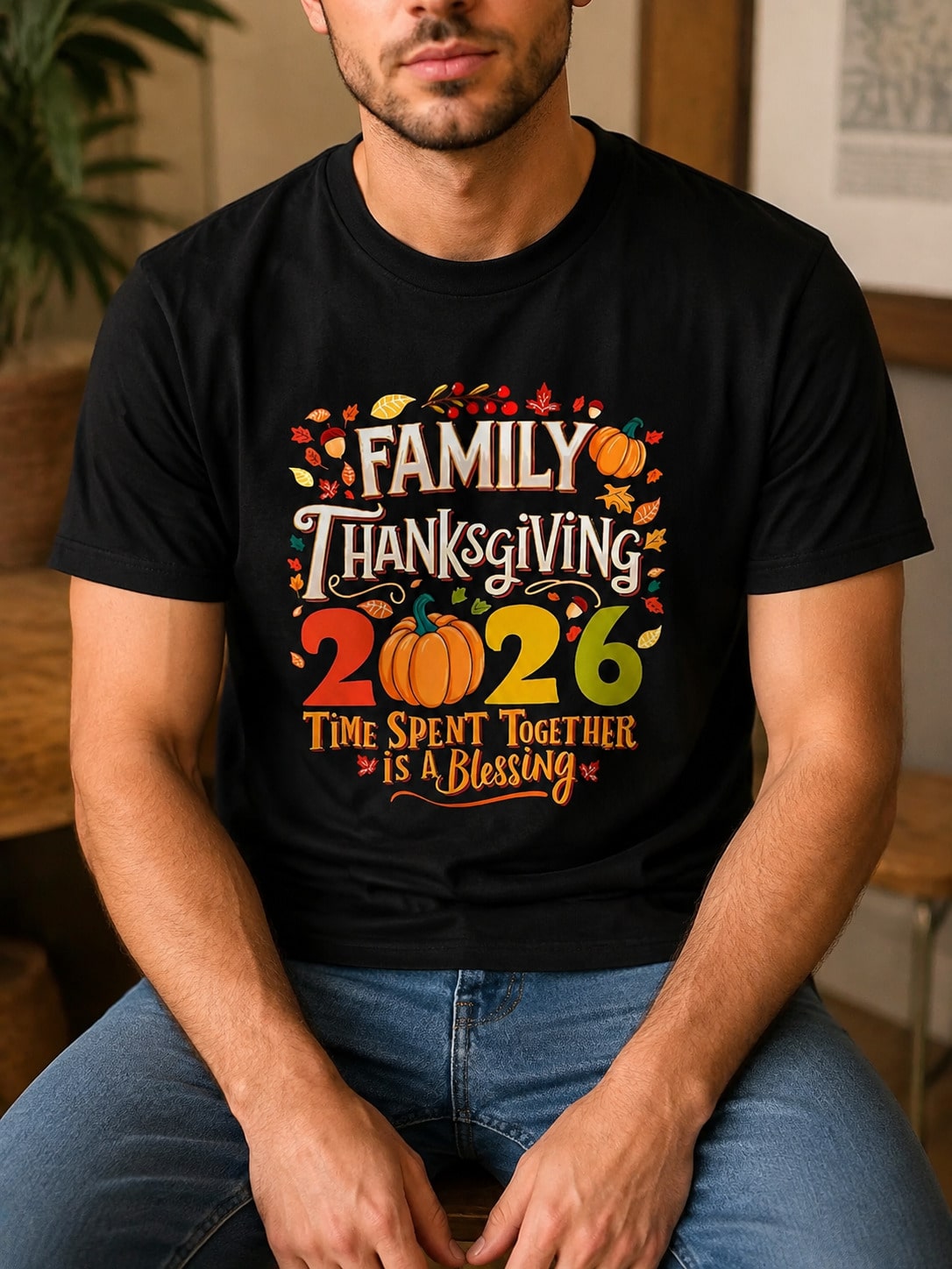 Unisex Family Matching Fall Graphic Tee, 2026 Family Thanksgiving Pumpkin Autumn Leaves Time Spent Together Is A Blessing Short Sleeve T-Shirt