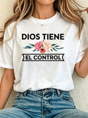 Dios Tiene El Control Graphic Crew Neck Tee Floral Cross Faith Short Sleeve Top