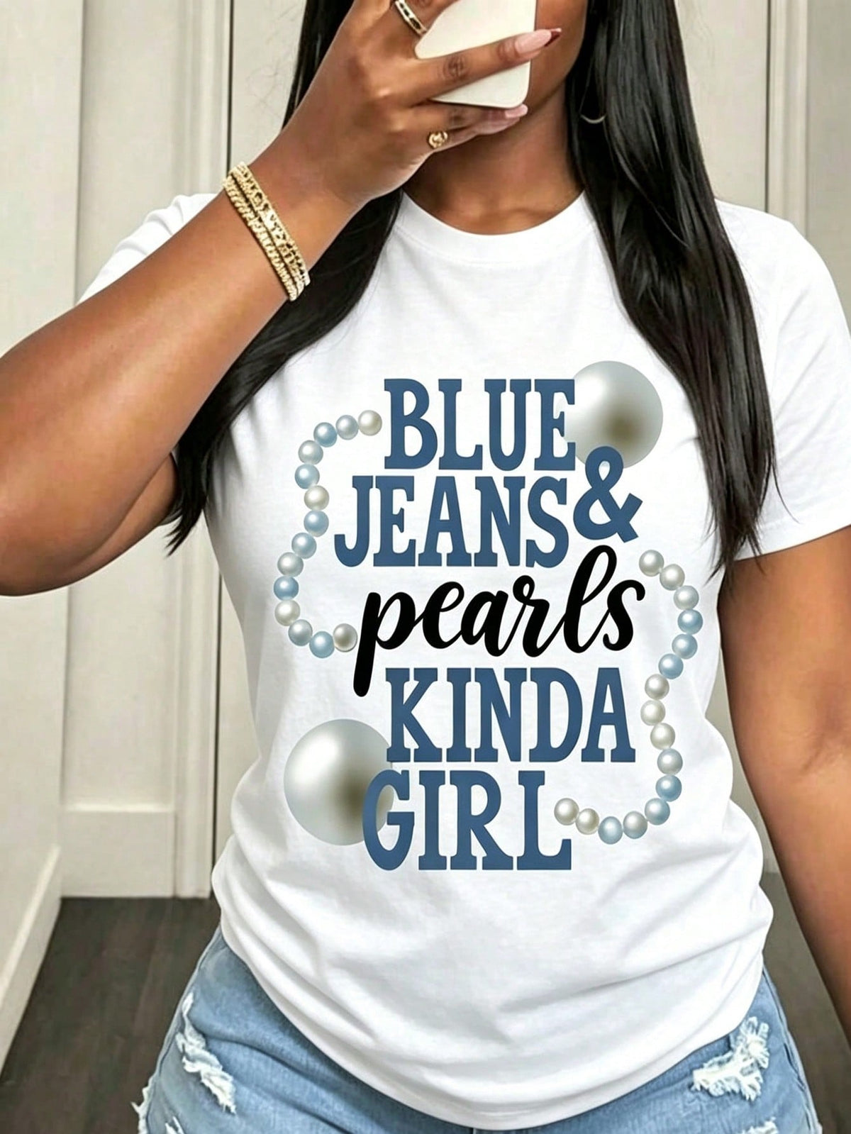 Blue Jeans Pearls Text Print White Short Sleeve Tee Crew Neck Casual Top