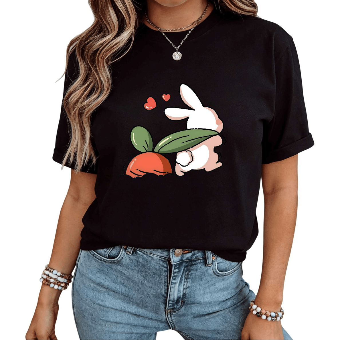 Bunny Hugging Carrot Graphic Crew Neck Tee Kawaii Spring Short Sleeve Top