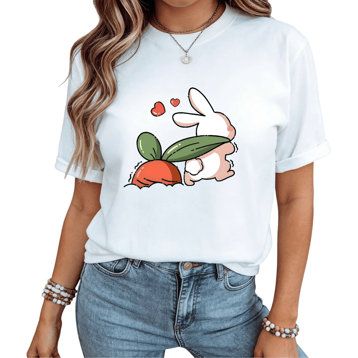Bunny Hugging Carrot Graphic Crew Neck Tee Kawaii Spring Short Sleeve Top