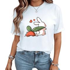 Bunny Hugging Carrot Graphic Crew Neck Tee Kawaii Spring Short Sleeve Top