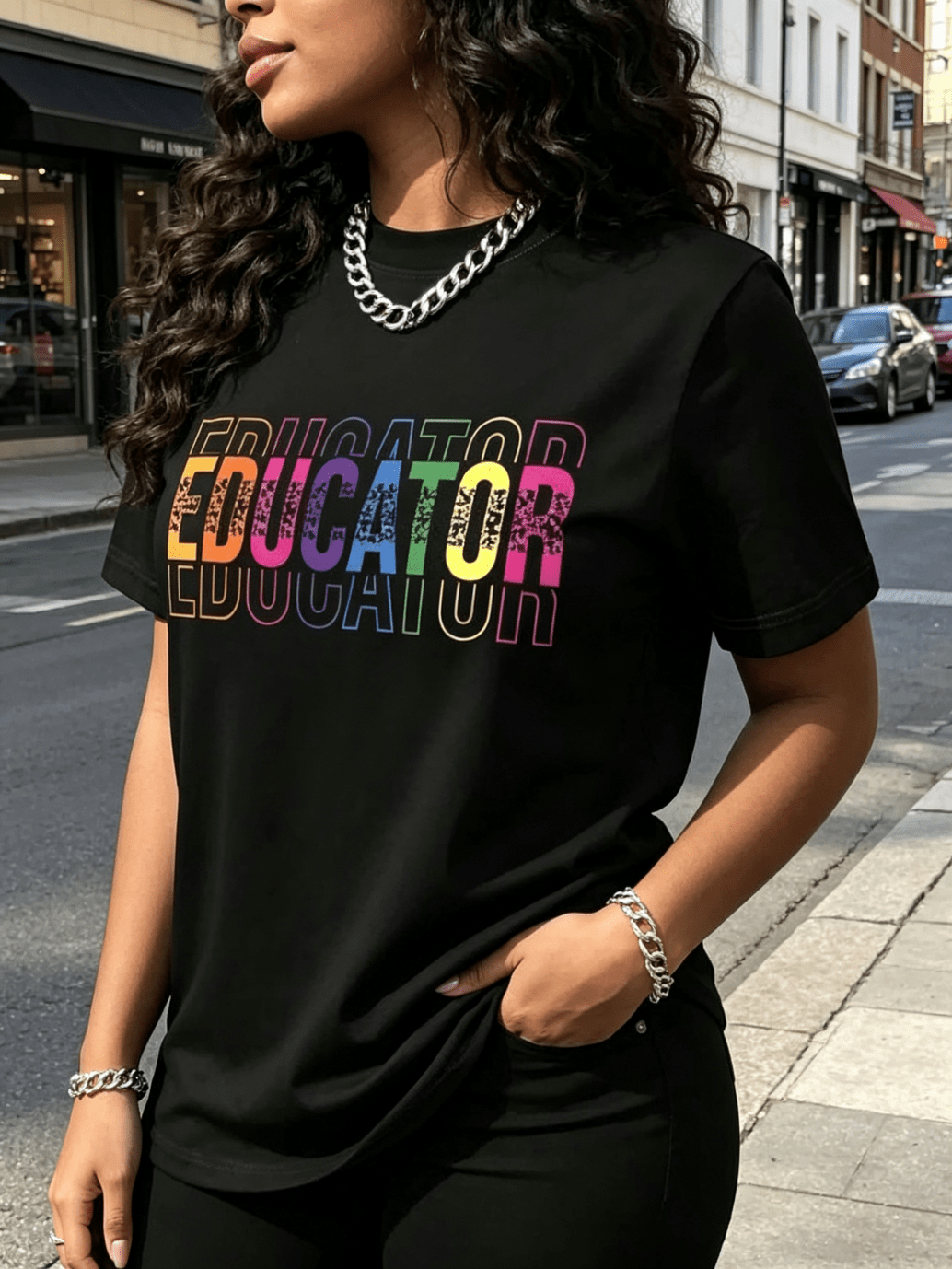 Educator Colorful Text Print Black Crew Neck Tee Year Round Casual Top