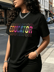 Educator Colorful Text Print Black Crew Neck Tee Year Round Casual Top
