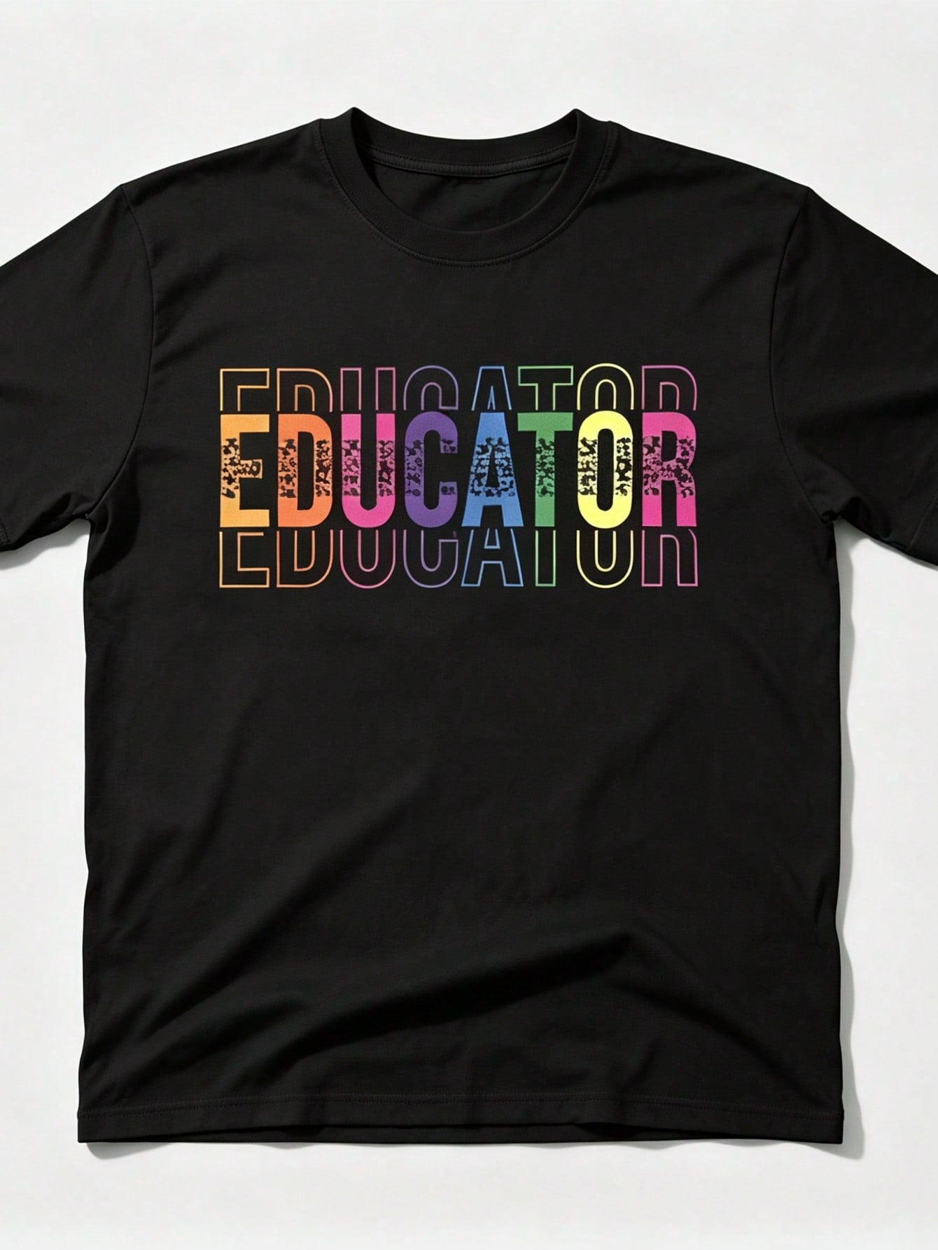 Educator Colorful Text Print Black Crew Neck Tee Year Round Casual Top
