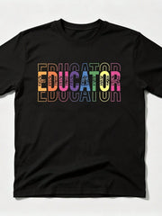Educator Colorful Text Print Black Crew Neck Tee Year Round Casual Top