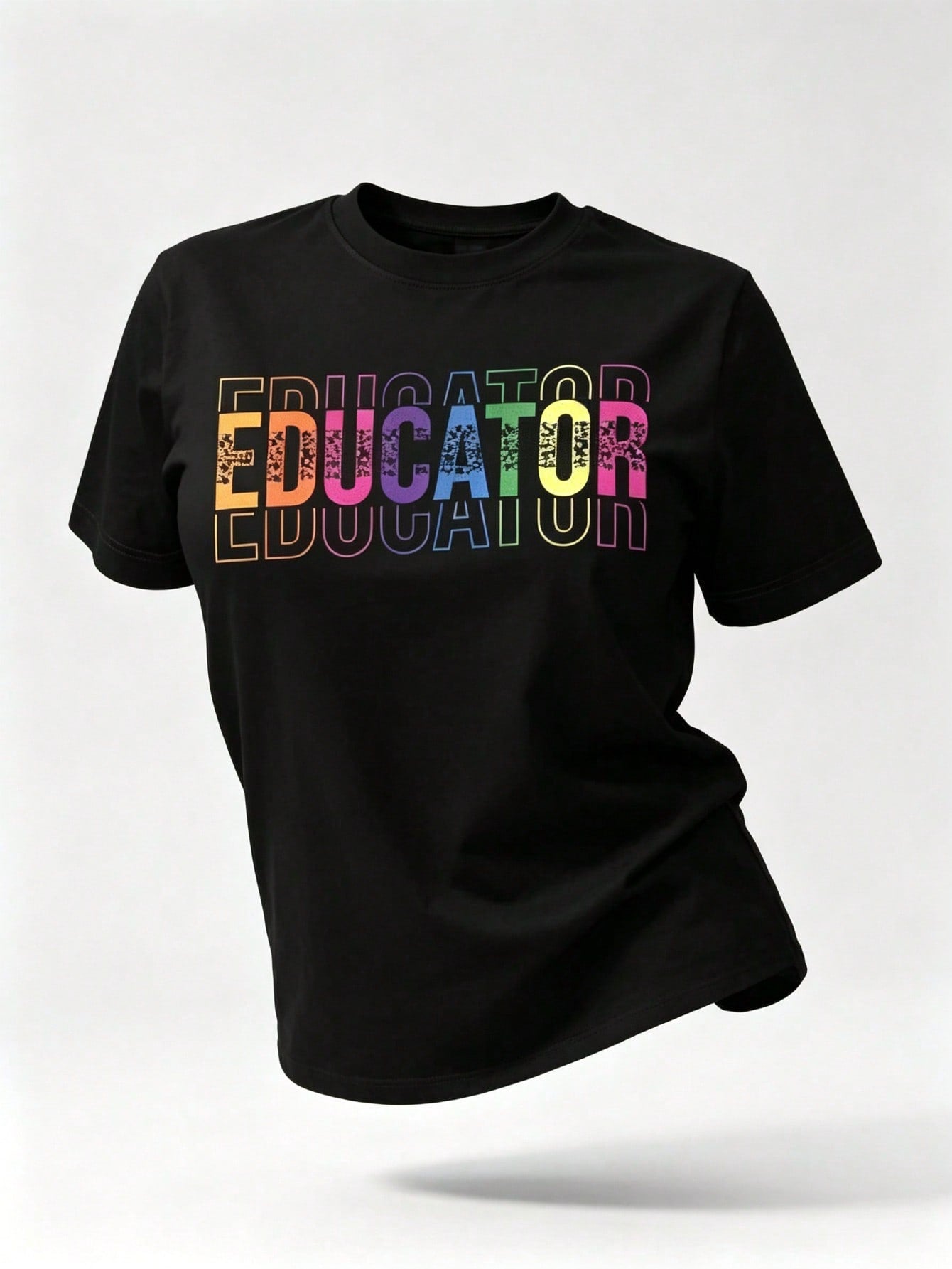 Educator Colorful Text Print Black Crew Neck Tee Year Round Casual Top