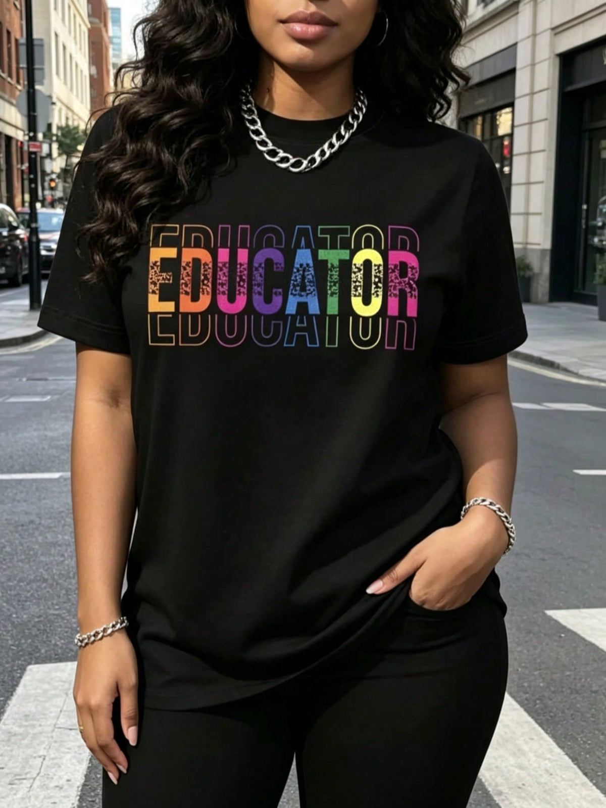 Educator Colorful Text Print Black Crew Neck Tee Year Round Casual Top